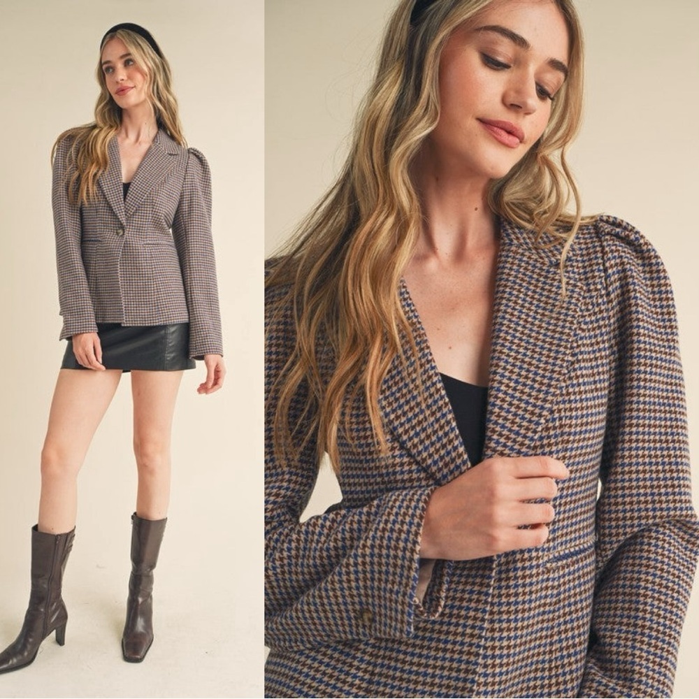 &merci Women’s Sloan Houndstooth Blazer Puff Sleeve Classic in Brown Size L - Picture 2 of 16